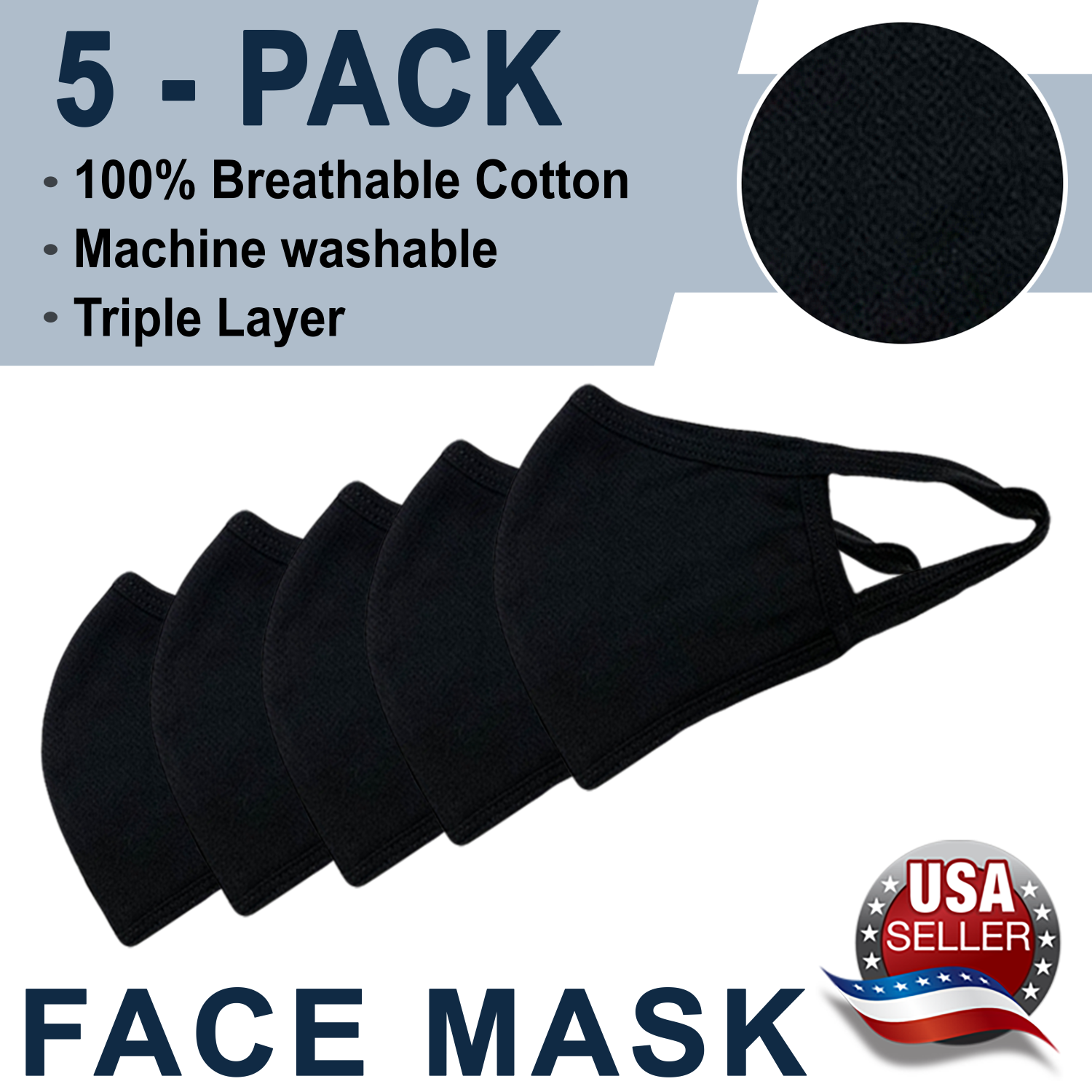 New Black Washable Reusable Face Mask 100% Cotton (In Stock) - Triple Layer - 5 Pack, Ships From USA