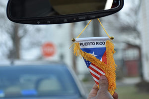 Double Country Puerto Rico/USA Flag Rear View Mirror Mini Banner 4"x 6" with Suction Cup and Double Tassels